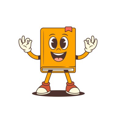 Kırmızı ayakkabılı, kitap ayracı ayakta duran, neşeli gülümseyen, el kaldıran ve iyi bir jest yapan komik turuncu çizgi roman maskotu karakteri. Eğitim için renkli ve çekici tasarım
