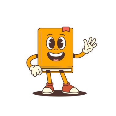 Mutlu turuncu çizgi roman maskotu, geniş gözlü, gülümseyen ve el sallayan dost canlısı bir jest. Eğitim için uygun, çocuklar, ve öğrenme kavramları. Neşeli ve renkli vektör çizimi
