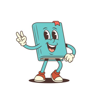 Mutlu mavi çizgi roman maskotu bir barış zafer hareketi gösterirken neşeyle gülümsüyor. Eğitici ve eğlenceli karakter tasarımı gerektiren projeler için mükemmel. Vektör illüstrasyonu