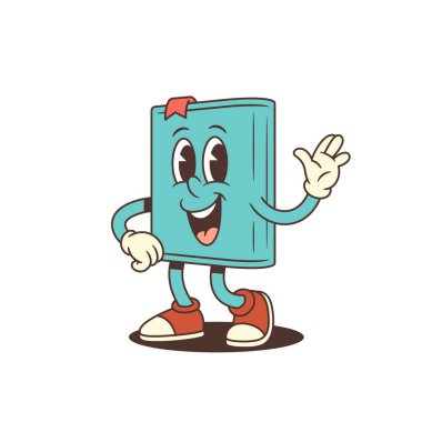 Komik mavi çizgi roman maskotu neşeyle gülümsüyor ve hoş geldin jesti ile el sallıyor. Neşeli duyguları olan arkadaş canlısı ve anlamlı karakter tasarımı. Beyazda izole edilmiş. Vektör illüstrasyonu