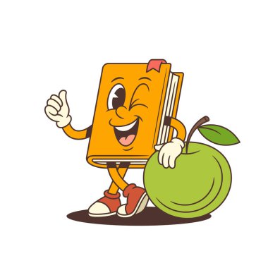Mutlu turuncu çizgi roman maskotu, bilgiyi ve sağlığı simgeleyen büyük yeşil bir elmaya yaslanarak göz kırpıyor ve başparmaklarını kaldırıyor. Eğitici ve eğlenceli projeler için ideal. Vektör illüstrasyonu