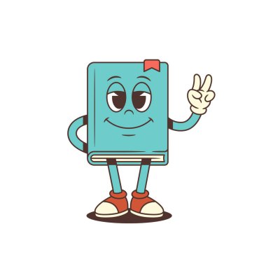 Komik mavi çizgi roman maskotu bir eli arkada, diğer eli barış işareti göstererek neşeli eğitici duygularını ifade ediyor. Vektör illüstrasyonu