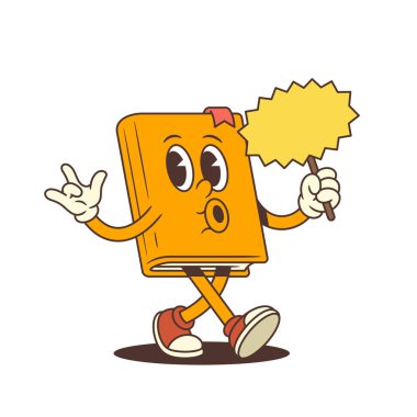 Portakal renkli çizgi roman maskotu yürürken ve ıslık çalarken elinde promosyon amaçlı kullanım için boş sarı bir tabela tutarken olumlu eğitim duygularını ifade ediyor. Vektör illüstrasyonu