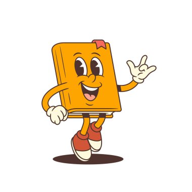 Portakal renkli çizgi roman maskotu ILY el hareketini gösterirken, neşe, dostluk ve eğitici duyguyu aktarırken mutlu bir şekilde zıplıyor. Renkli ve anlamlı karakter pozu. Vektör illüstrasyonu