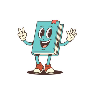 Gülümseyen mavi kitap maskotu el sallarken ve zafer işareti gösterirken sevinçle ayakta duruyor. Eğitim ve promosyon projeleri için mükemmel bir tasarım. Eğlenceli ve canlı karakter vektör çizimi