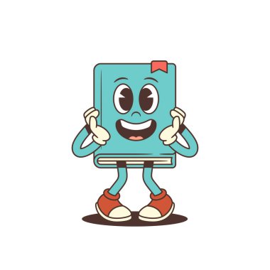 Heyecanlı mavi kitap maskotu. Elleriyle yanaklarına dokunurken yüzünde şen şakrak bir ifade var. Eğlenceli projeler için renkli eğitim konsepti. Çocuk dostu karakter vektör illüstrasyonu