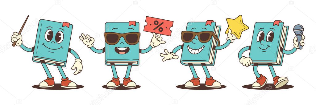 Cartoon character set of cheerful blue book showing educational and promotional actions with pointer, microphone, star and coupon. Mascot concept for learning and entertainment. Vector illustration