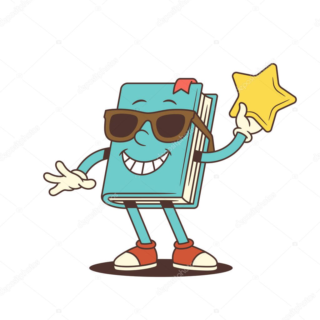 Smiling blue cartoon book mascot wearing sunglasses and holding a shining golden star raised high. Illustration conveys success, achievement, and positivity. Perfect for education. Vector illustration