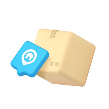 Karton dağıtım kutusu ve lojistik, izleme uygulamaları ve dijital platformlar için uygun konum pin içeren 3D gerçekçi vektör illüstrasyonu. Vektör illüstrasyonu