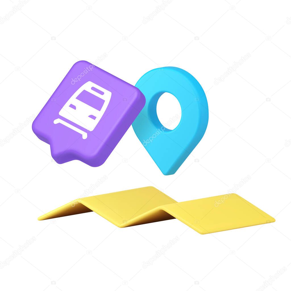 Railway station symbol and yellow paper map with blue pin representing travel, navigation, and planning for business or vacation purposes. Ideal for digital platforms. 3d icon vector illustration