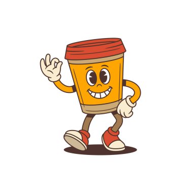 Kırmızı kapaklı komik turuncu kahve fincanı maskotu ve spor ayakkabıları parlak gülümserken el hareketini gösteriyor, beyaz arka planda güvenle duruyor, vektör çizimi