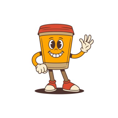 Renkli çizgi film paket kahve fincanı karakteri güler yüzlü ve el sallar. Kafeler, markalaşma, paketleme, menü tasarımı ve dijital medya için uygun. Vektör illüstrasyonu