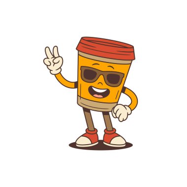 Kırmızı kapaklı, güneş gözlüğü takan ve barış jesti gösteren komik turuncu kahve fincanı karakteri. Kafe promosyonu, markalaşma, reklam ve ambalaj tasarımı için mükemmel. Vektör illüstrasyonu