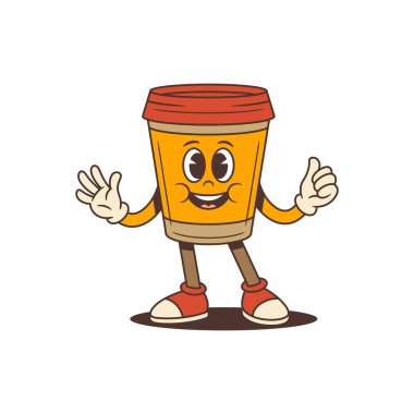 Kırmızı kapaklı parlak turuncu kahve fincanı maskotu baş parmaklarını kaldırırken el sallıyor. Kafeler, kafeler, markalar için uygun. Logolar ve simgeler için ideal. Vektör illüstrasyonu