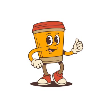 Turuncu kahve fincanı maskotu ayakta ve baş parmaklarını kaldırıyor ve el hareketi yapıyor. Kahve markaları, içecek reklamları ve dijital tasarım projeleri için uygun. Vektör illüstrasyonu