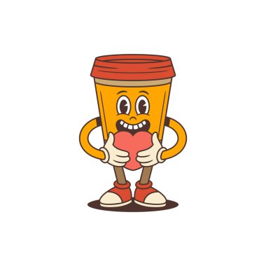 Kırmızı kapaklı, kırmızı kalpli ve klasik çizgi film tarzında gülümseyen heyecanlı bir kahve fincanı maskotu. Kafe markası, ambalaj ve promosyon tasarımı için harika. Vektör illüstrasyonu