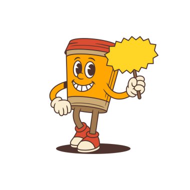 Çizgi film stili mutlu kahve fincanı maskotu elinde özel fiyat için açık sarı tırtıklı bir tabela tutuyor. Reklam, marka ve kafe promosyonları için uygun. Vektör illüstrasyonu