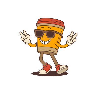 Güneş gözlüklü neşeli çizgi film kahve fincanı karakteri dans ediyor ve zafer işaretleriyle gülümsüyor. Reklam, markalaşma ve ambalaj tasarımı için uygun. Vektör illüstrasyonu