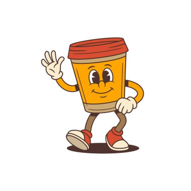 Portakallı kahve fincanı maskotu büyük bir gülümsemeyle ve klasik çizgi film tarzında el sallayarak öne doğru yürüyor. Kafe reklamcılığı, markalaşma, paketleme ve sosyal medya için uygun. Vektör illüstrasyonu.