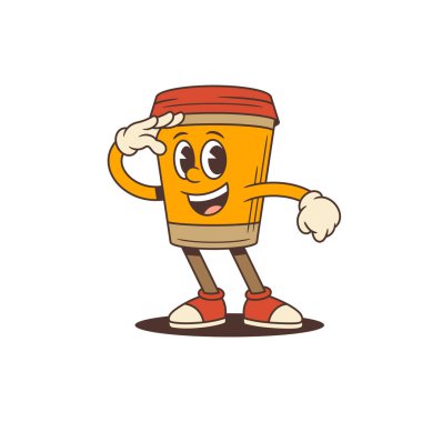 Neşeli bir kahve fincanı maskotu karakteri kolları ve bacakları dostça bir jestle selamlıyor. Logolar, reklamlar ve promosyon malzemeleri için ideal. Vektör illüstrasyonu