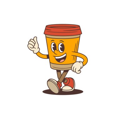 Neşeli kahve fincanı karakteri gülümseyen bir yüz ve eski çizgi film tarzında bir jest ile yürüyor. Kahve dükkanları, ambalajlar ve promosyon malzemeleri için harika. İzole vektör illüstrasyonu