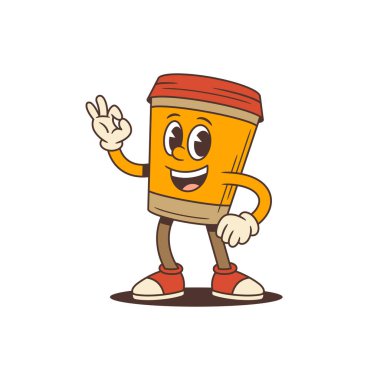 Gülümseyen kahve fincanı maskotu karakteri eski moda çizgi film tarzında iyi bir jest gösteriyor. Kafe markası, ambalaj, sosyal medya içeriği için ideal. İzole ve düzenlenebilir vektör illüstrasyonu