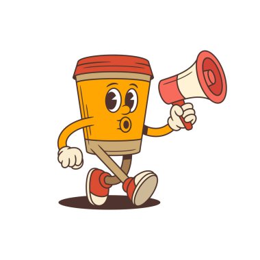 Dinamik kahve fincanı maskotu elinde bir megafon tutması heyecan ve aciliyet taşır. Pazarlama kampanyaları, sosyal medya, kafe markalaşması ve tanıtım etkinlikleri için ideal. Retro çizgi film titreşim vektör çizimi