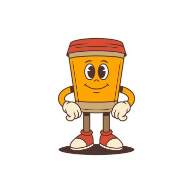 Enerjik kahve fincanı maskotu, anlamlı gözleri ve neşeli bir gülümsemesi var. Karakter, kalça üstü yumruklarla güvenle ayakta duruyor. Markalaştırma, reklam, sosyal medya ve kahve dükkanının promosyonları için mükemmel.