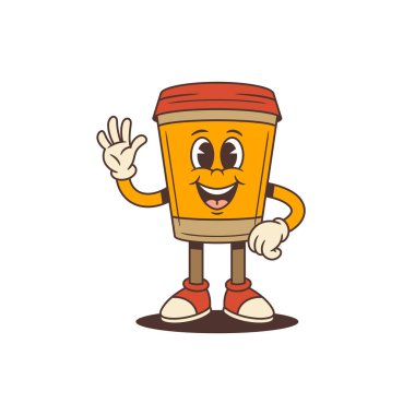 Enerjik duruşu olan parlak kahve fincanı maskotu coşkuyla el sallıyor ve kendine güvenen bir gülümseme sergiliyor. Markalaşma, reklam, sosyal medya ve promosyon malzemesi için ideal. Vektör illüstrasyonu