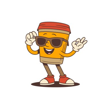 Güneş gözlüğü ve spor ayakkabısı takan hayat dolu kahve fincanı maskotu neşeli hareketlerle kendine güvenini ve dostluğunu ifade ediyor. Pazarlama ve kahve markalaşma projeleri için mükemmel. Vektör illüstrasyonu