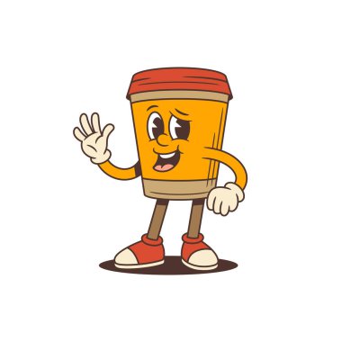 Neşeli gülüşlü kahve fincanı maskotu dinamik bir duruşta duruyor. Karakter dalgaları tek elle, dostluk ve coşku taşıyor. Markalaşma ve sosyal medya için mükemmel. Vektör illüstrasyonu