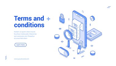 Koşullar ve koşullar, yasal form mobil uygulaması izometrik internet afiş tasarım şablonu çizimi, vektör illüstrasyonunda mutabık. Sözleşme kanunu bilgilerinin onaylanması dijital sözleşme iniş sayfası