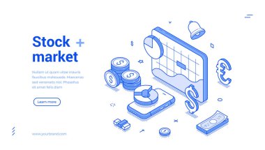 Hisse senedi piyasası yatırımları izometrik internet afiş tasarımı tasarımı tasarımı, vektör illüstrasyonunu analiz ediyor. Finansal kar muhasebe para birimi analizi para değeri mobil uygulama iniş sayfası