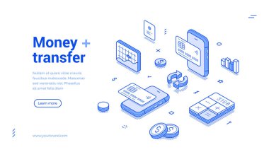 Çevrimiçi bankacılık kartı para transferi mobil uygulama izometrik web afişi tasarım şablon çizimi illüstrasyonu. İnternet finansal para birimi nakitsiz işlem alışveriş ödeme iniş sayfası