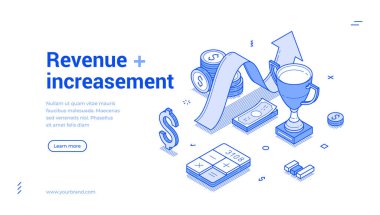 Gelir artışı işletme kazanç stratejisi izometrik web pankartı tasarım şablonu çizimi vektör illüstrasyonu. Finansal zenginlik maaş artışı ticari verimlilik iniş sayfasını artırır