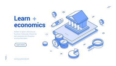Eğitim anahatları izometrik web banner tasarımı tasarımı vektör illüstrasyonunu çalışarak ekonomi öğrenin. Burs mezuniyeti ekonomi mali bilgi üniversite okul iniş sayfası