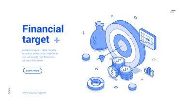 Finansal hedef iş kar verimliliği verimliliği verimliliği izometrik web banner tasarım şablonu çizimi vektör ilüstrasyonu. Finans şirketi zenginlik yönetimi ticari başarı iniş sayfası