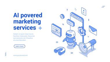 Yapay zeka ile güçlendirilmiş dijital pazarlama hizmetleri izometrik web paneli tasarım şablon çizimi çizimi. Yapay Zeka yenilik teknolojisi İnternet reklam stratejisi iniş sayfası
