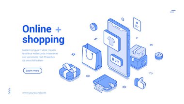 Çevrimiçi alışveriş pazarı mobil uygulaması izometrik web paneli tasarım şablonu çizimi vektör çizimi. İnternet mağazası pazarı mal satın alıyor ticari ticaret perakende iniş sayfası satın alıyor