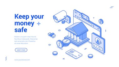 Paranızı güvenli bir şekilde bankacılık hizmetinin ana hatlarını izometrik web pankartı tasarım şablonu çizimlerini saklayın. Bankanın para birimi depolama garantisi tasarruf yatırım fonu iniş sayfası