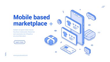 Mobil tabanlı pazar yeri çevrimiçi alışveriş taslağı izometrik web paneli tasarım şablon çizimi çizimi. İnternet mağazası market akıllı telefon uygulaması sipariş teslimatı mal satın alma iniş sayfası