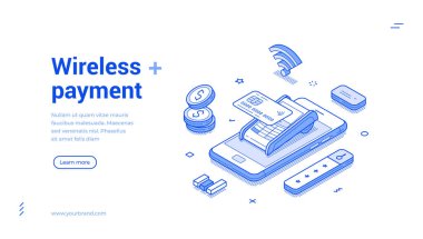 Kablosuz ödeme POS terminali çevrimiçi bankacılık taslağı izometrik web paneli tasarım şablonu çizimi. İnternet ve para nakitsiz finansal dijital teknoloji mobil uygulama iniş sayfası