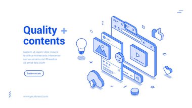 Kaliteli içerik internet dijital pazarlama taslağı izometrik web paneli tasarım şablon çizimi illüstrasyonu. Ticari iş çevrimiçi reklam yaratıcı fikir oditoryum etkileşimli iniş sayfası