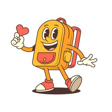 Neşeli bir şekilde yürürken kırmızı bir kalp taşıyan mutlu bir sırt çantası maskotu, eğitim için ideal ya da çocuklarla ilgili içerik. Etiketler, markalar ya da okul malzemeleri için mükemmel. Vektör illüstrasyonu