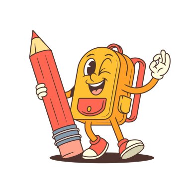 Eğitici çizgi film maskotu büyük bir kalem tutarken kendine güvenerek gülümsüyor. Okul markalaşması, öğrenme materyalleri ya da sanat içeriği için harika. Vektör illüstrasyonu
