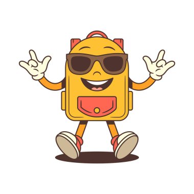 Güneş gözlüklü, maskotluk yapan ve kutlama pozu veren havalı bir çizgi film karakteri. Parti tasarımları, markalaşma ya da eğlenceli okul temaları için mükemmel. Vektör illüstrasyonu