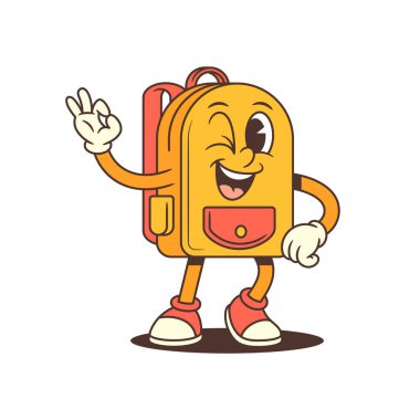 Çizgi film tarzı sırt çantası maskotu göz kırpıyor ve neşeli bir hava veriyor. Gündelik iletişim için en iyisi, çocukların markalaşması, eğlence eğitimi ya da sosyal medya projeleri. Vektör illüstrasyonu