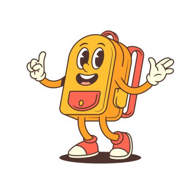 Sırt çantası maskotu ışıltılı bir gülümseme ve iki baş parmak pozuyla dimdik ayakta duruyor. Onay için mükemmel, başarı hikayeleri, başarı terfileri, ya da iyi hissettiren okul markaları. Vektör illüstrasyonu