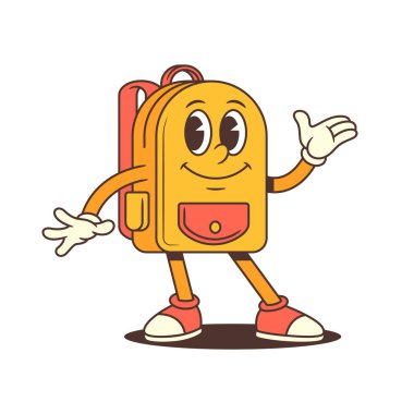 Sırt çantası maskotu bir eli kalçasında, diğeri de el sallıyor. Gündelik iletişim için ideal, arkadaş canlısı markalaşma ya da sosyal içerik. Vektör illüstrasyonu