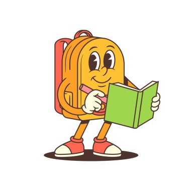 Sırt çantası maskotu bir eliyle kitap okurken diğer eliyle el kol hareketi yapıyor, sanki bilgiyi paylaşıyormuş gibi. Öğrenme materyalleri, eğitim uygulamaları ya da akademik platformlar için mükemmel. Vektör illüstrasyonu